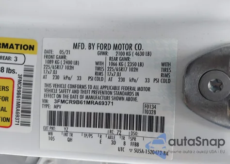 2021 Ford Bronco Sport Big Bend из США, поврежденный, VIN 3FMCR9B61MRA69371